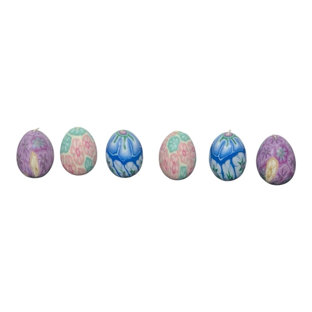 Vintage 90s Floral Millefiori Style Wax Easter Egg Shape Candles Set of 6 Unused